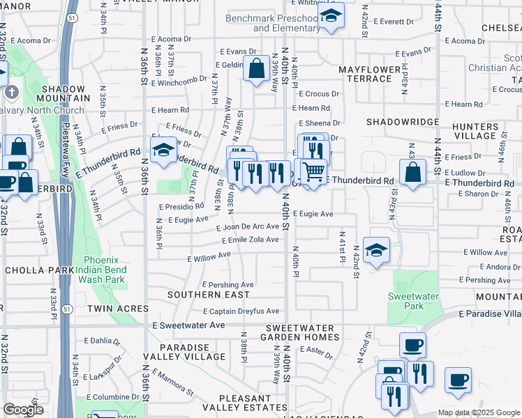map of restaurants, bars, coffee shops, grocery stores, and more near 3910 East Eugie Avenue in Phoenix