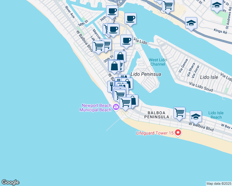 map of restaurants, bars, coffee shops, grocery stores, and more near 112 24th Street in Newport Beach