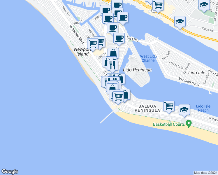 map of restaurants, bars, coffee shops, grocery stores, and more near 112 24th Street in Newport Beach