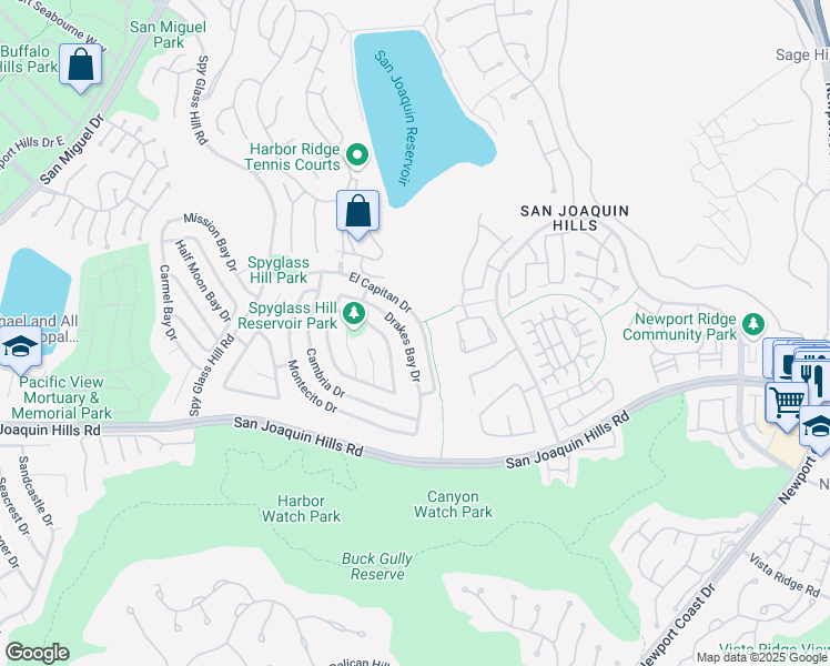map of restaurants, bars, coffee shops, grocery stores, and more near 38 Drakes Bay Drive in Newport Beach