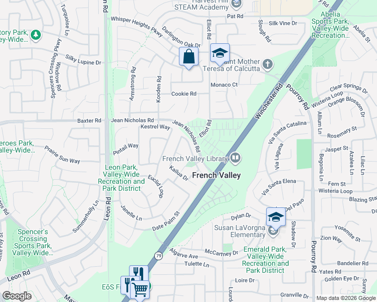 map of restaurants, bars, coffee shops, grocery stores, and more near 35120 Waimea Way in Winchester
