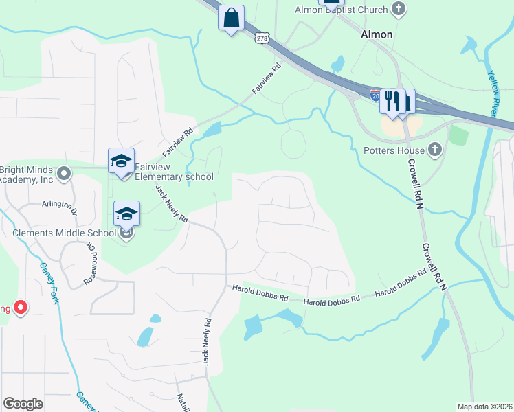 map of restaurants, bars, coffee shops, grocery stores, and more near 25 Streamside Drive in Covington