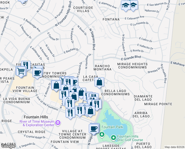 map of restaurants, bars, coffee shops, grocery stores, and more near 13636 North Saguaro Boulevard in Fountain Hills