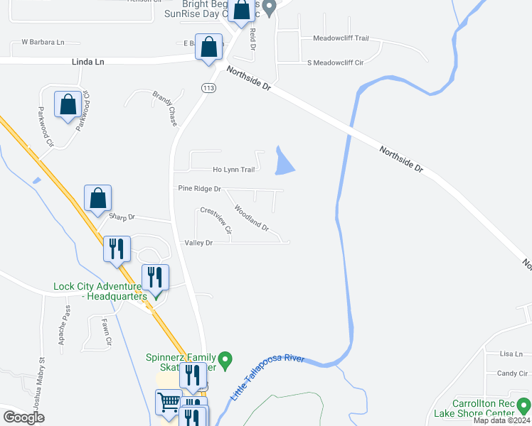 map of restaurants, bars, coffee shops, grocery stores, and more near 35 Gracewood Circle in Carrollton