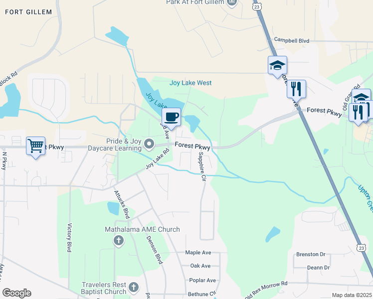 map of restaurants, bars, coffee shops, grocery stores, and more near 5321 Creekview Way in Morrow