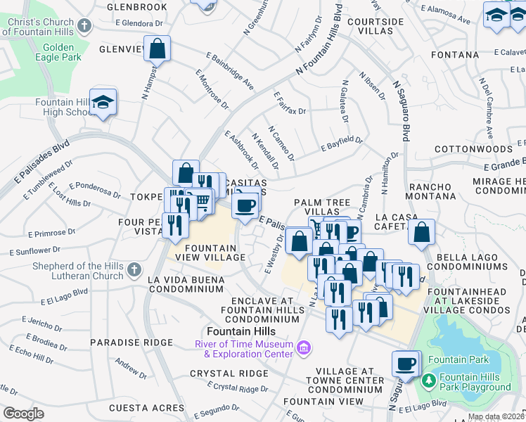 map of restaurants, bars, coffee shops, grocery stores, and more near 16510 East Palisades Boulevard in Fountain Hills
