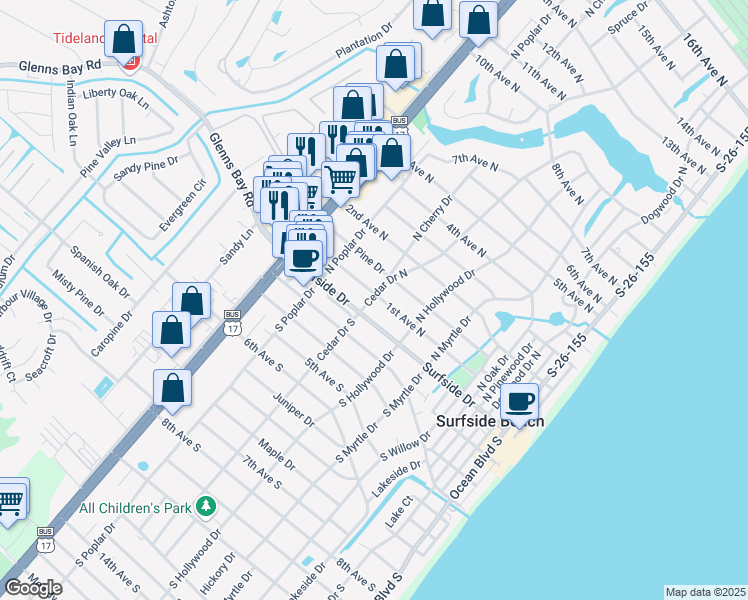 map of restaurants, bars, coffee shops, grocery stores, and more near 13B Cedar Drive North in Surfside Beach