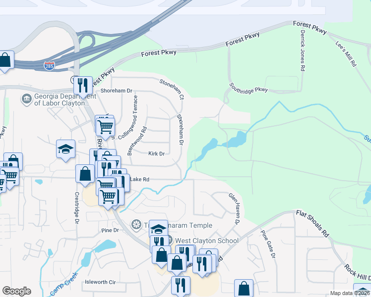 map of restaurants, bars, coffee shops, grocery stores, and more near 1205 Shoreham Drive in Atlanta