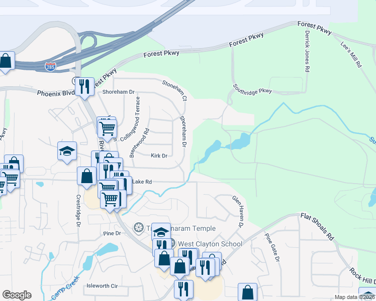 map of restaurants, bars, coffee shops, grocery stores, and more near 1205 Shoreham Drive in Atlanta