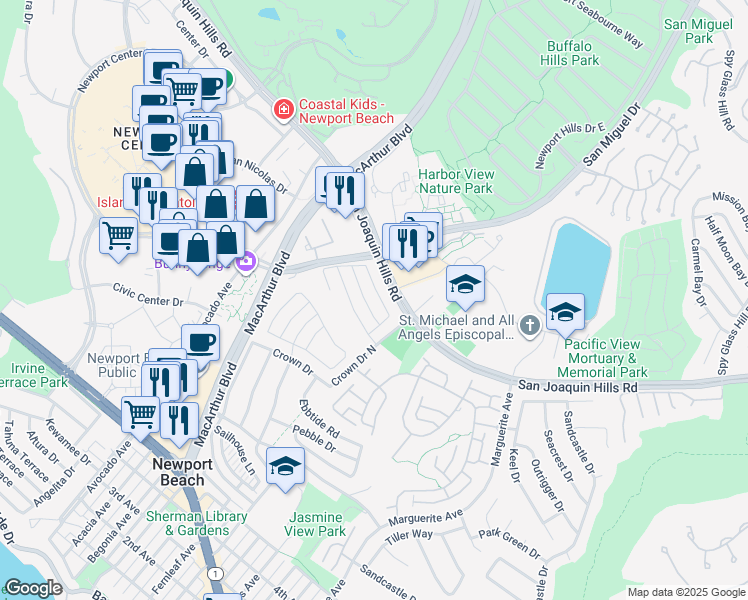 map of restaurants, bars, coffee shops, grocery stores, and more near 2615 Lighthouse Lane in Newport Beach