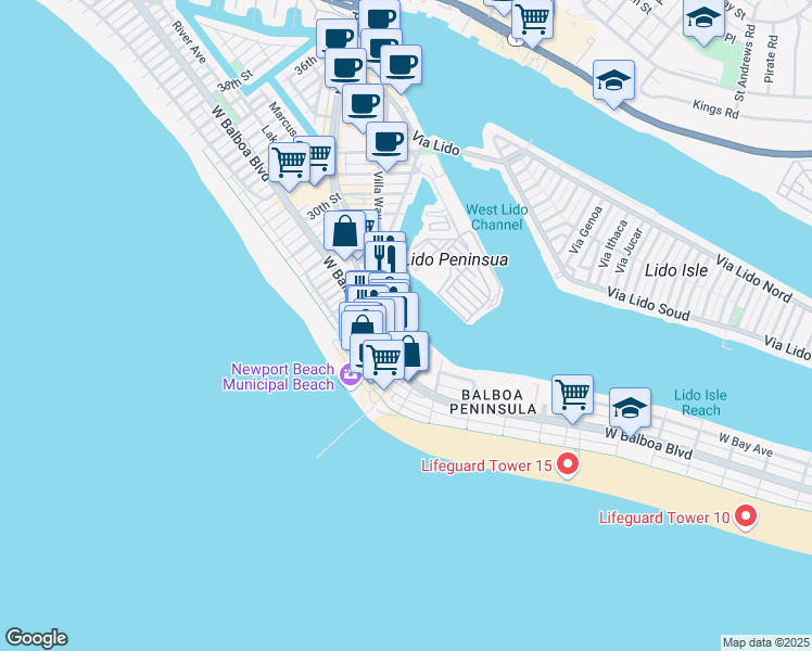 map of restaurants, bars, coffee shops, grocery stores, and more near 2230 Newport Boulevard in Newport Beach