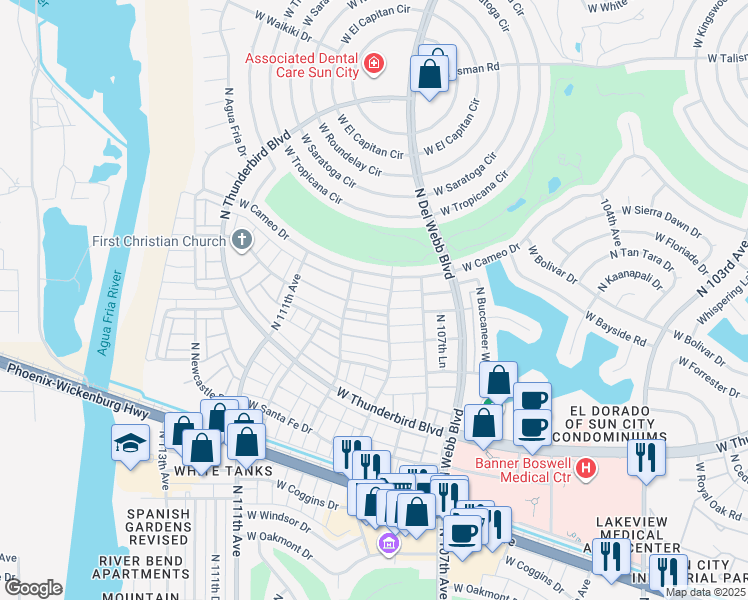 map of restaurants, bars, coffee shops, grocery stores, and more near 13860 North 108th Drive in Sun City