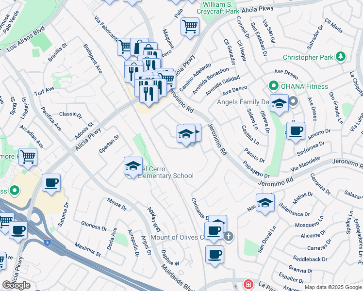 map of restaurants, bars, coffee shops, grocery stores, and more near 25981 Cordillera Drive in Mission Viejo
