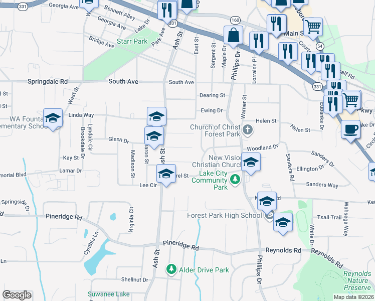 map of restaurants, bars, coffee shops, grocery stores, and more near 879 White Oak Drive in Forest Park