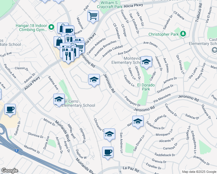 map of restaurants, bars, coffee shops, grocery stores, and more near 24272 Chrisanta Drive in Mission Viejo
