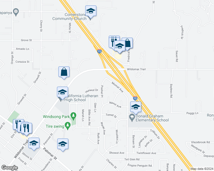 map of restaurants, bars, coffee shops, grocery stores, and more near 22846 Hunwut Drive in Wildomar