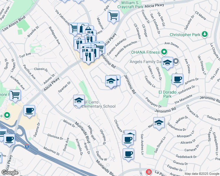 map of restaurants, bars, coffee shops, grocery stores, and more near 26101 Cordillera Drive in Mission Viejo