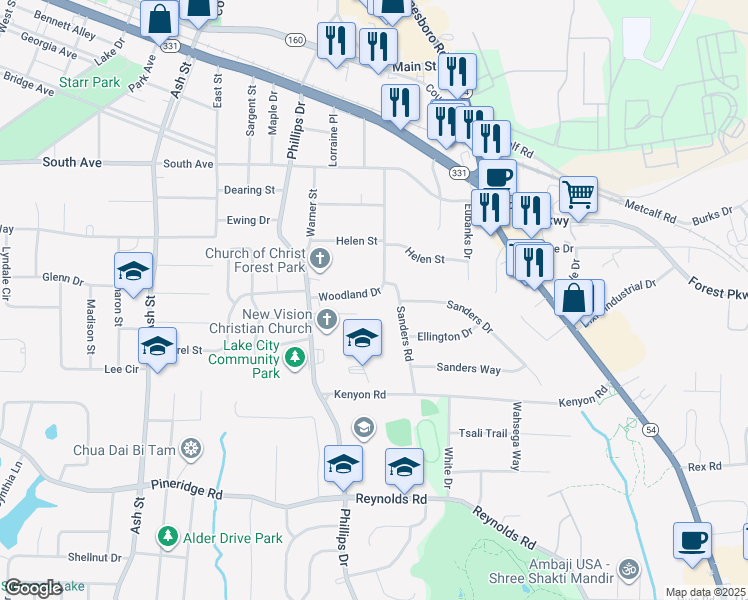 map of restaurants, bars, coffee shops, grocery stores, and more near 5264 Woodland Drive in Lake City