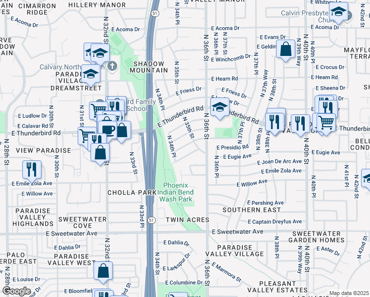 map of restaurants, bars, coffee shops, grocery stores, and more near 3471 East Delcoa Drive in Phoenix
