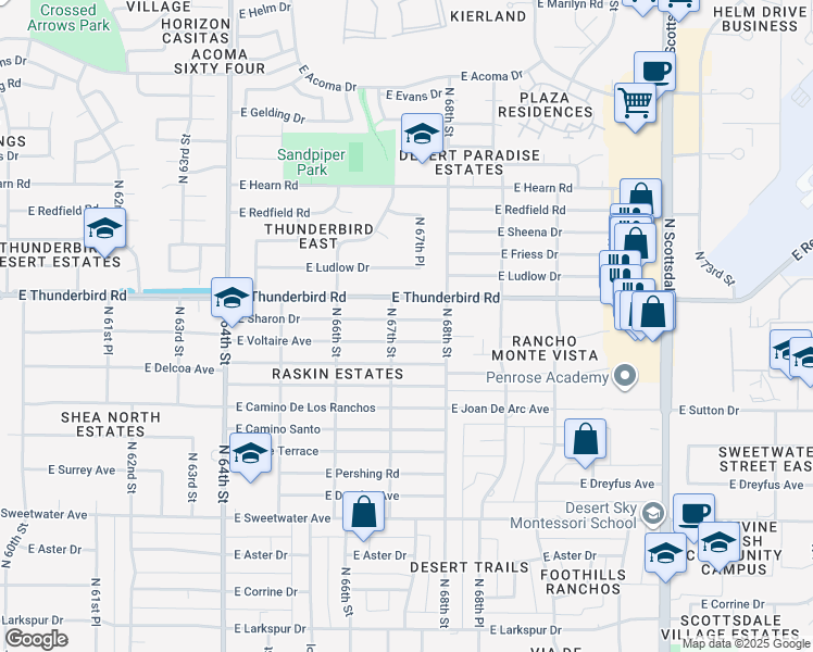 map of restaurants, bars, coffee shops, grocery stores, and more near 6711 East Sharon Drive in Scottsdale