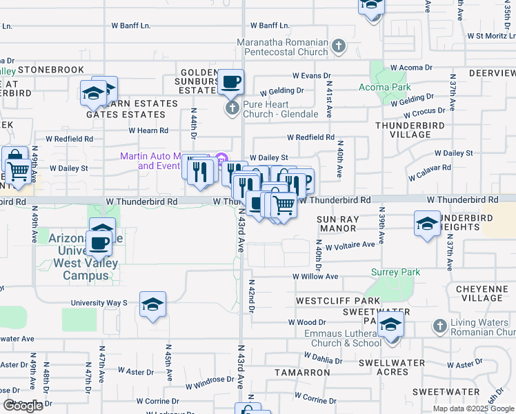 map of restaurants, bars, coffee shops, grocery stores, and more near 4255 West Thunderbird Road in Phoenix