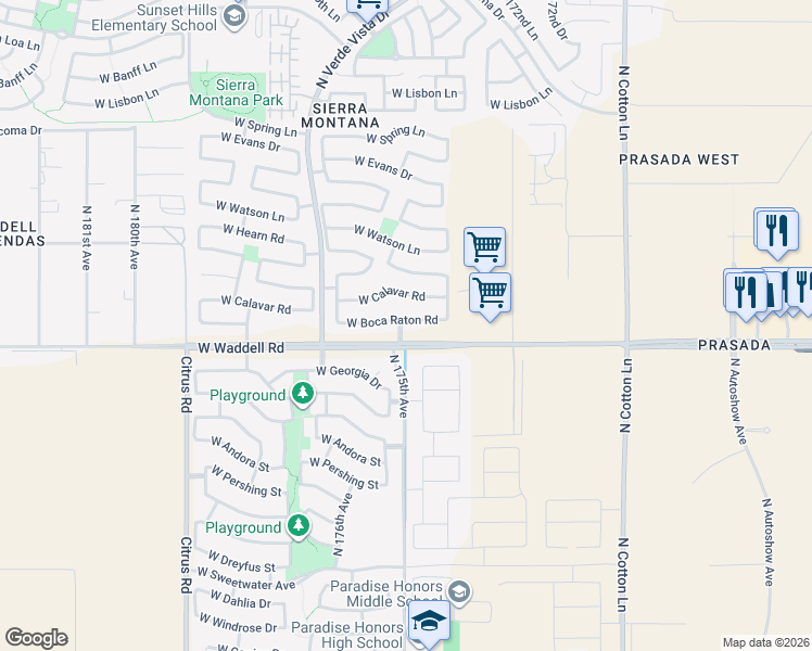map of restaurants, bars, coffee shops, grocery stores, and more near 17465 West Boca Raton Road in Surprise