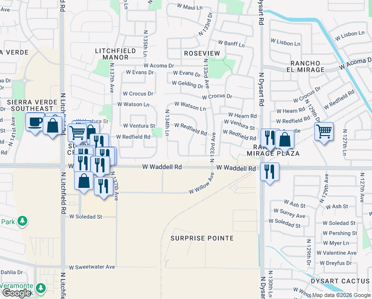 map of restaurants, bars, coffee shops, grocery stores, and more near 13940 North 133rd Lane in Surprise