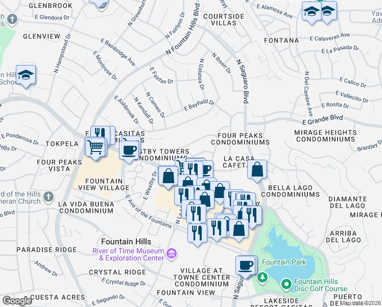 map of restaurants, bars, coffee shops, grocery stores, and more near 16714 East Almont Drive in Fountain Hills