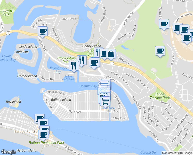 map of restaurants, bars, coffee shops, grocery stores, and more near 1034 Bayside Cove in Newport Beach
