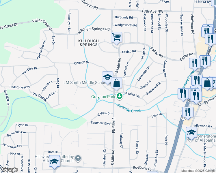 map of restaurants, bars, coffee shops, grocery stores, and more near 1124 5 Mile Road in Birmingham