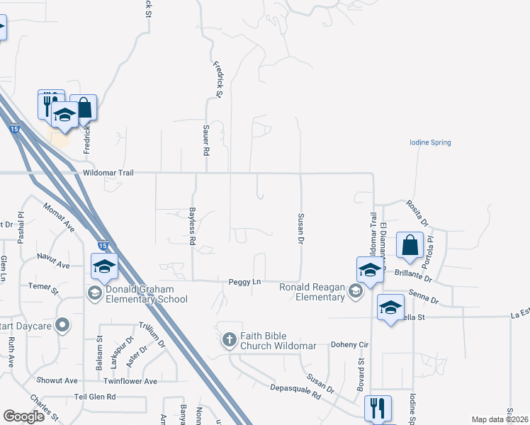 map of restaurants, bars, coffee shops, grocery stores, and more near 35160 Maples Road in Wildomar