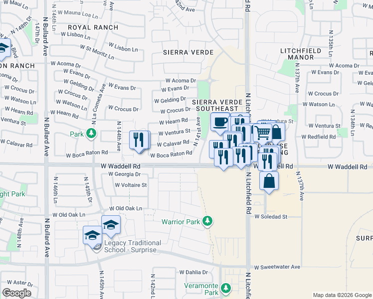 map of restaurants, bars, coffee shops, grocery stores, and more near 14175 West Calavar Road in Surprise