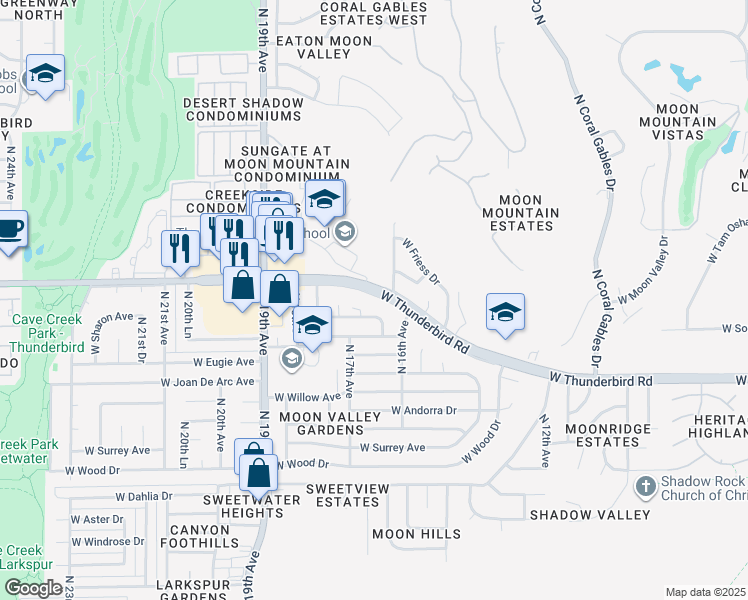 map of restaurants, bars, coffee shops, grocery stores, and more near 1633 West Thunderbird Road in Phoenix