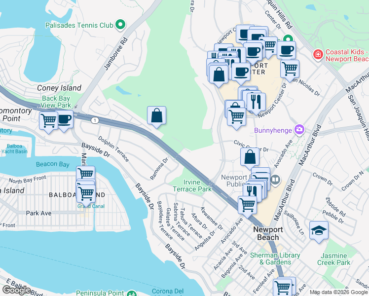 map of restaurants, bars, coffee shops, grocery stores, and more near 11 Clubhouse Drive in Newport Beach