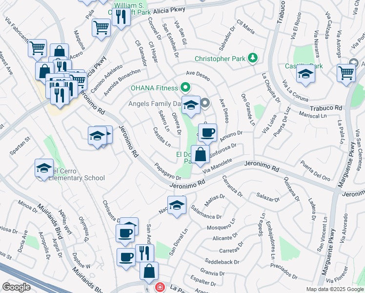 map of restaurants, bars, coffee shops, grocery stores, and more near 24262 Olivera Drive in Mission Viejo