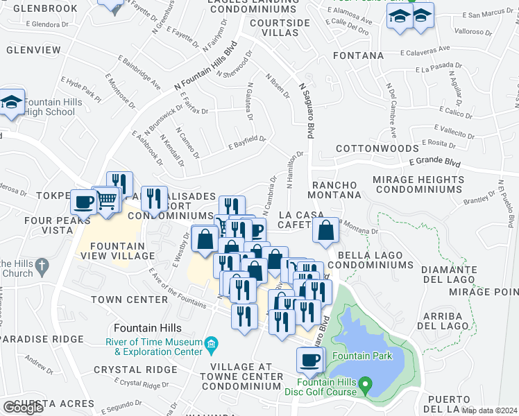 map of restaurants, bars, coffee shops, grocery stores, and more near 208 East Almont Drive in Fountain Hills