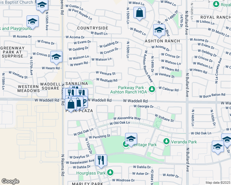 map of restaurants, bars, coffee shops, grocery stores, and more near 15150 West Boca Raton Road in Surprise