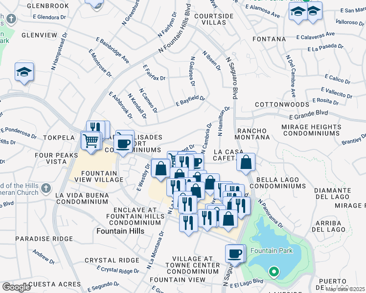 map of restaurants, bars, coffee shops, grocery stores, and more near 16714 East Almont Drive in Fountain Hills