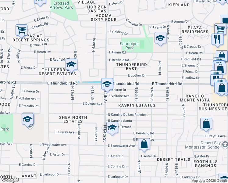 map of restaurants, bars, coffee shops, grocery stores, and more near 6429 East Sharon Drive in Scottsdale