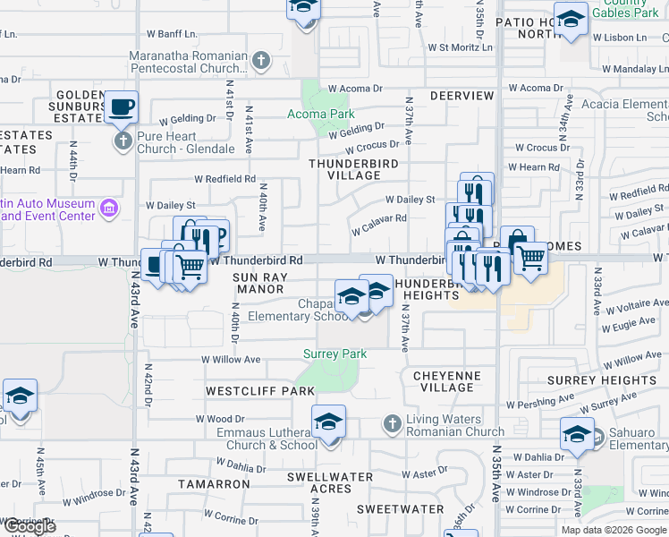 map of restaurants, bars, coffee shops, grocery stores, and more near 3823 West Thunderbird Road in Phoenix