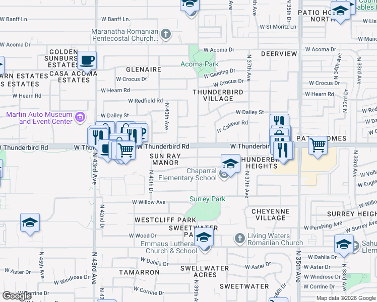 map of restaurants, bars, coffee shops, grocery stores, and more near 3907 West Thunderbird Road in Phoenix