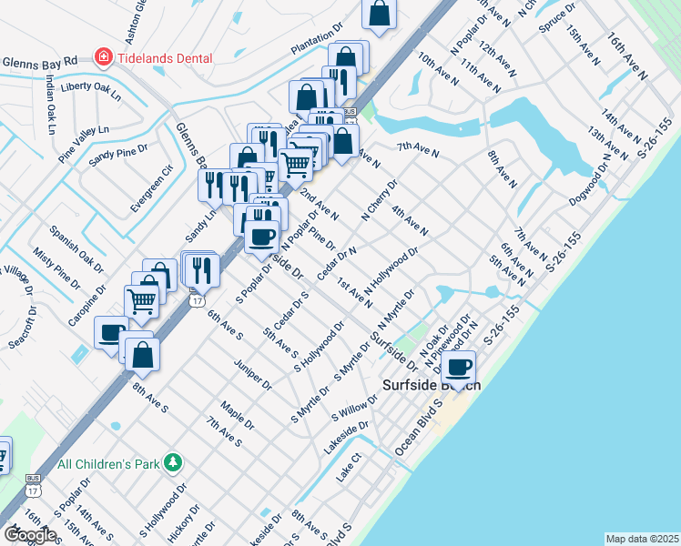 map of restaurants, bars, coffee shops, grocery stores, and more near 13B Cedar Drive North in Surfside Beach