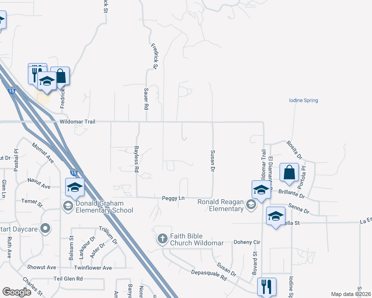 map of restaurants, bars, coffee shops, grocery stores, and more near 35160 Maples Road in Wildomar