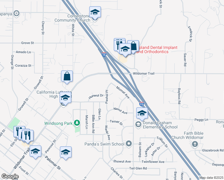 map of restaurants, bars, coffee shops, grocery stores, and more near 22846 Hunwut Drive in Wildomar