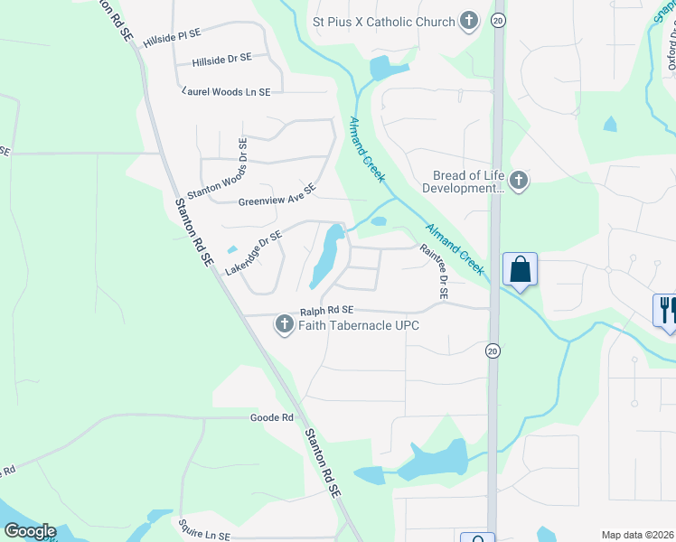 map of restaurants, bars, coffee shops, grocery stores, and more near 2993 Lakeridge Drive Southeast in Conyers