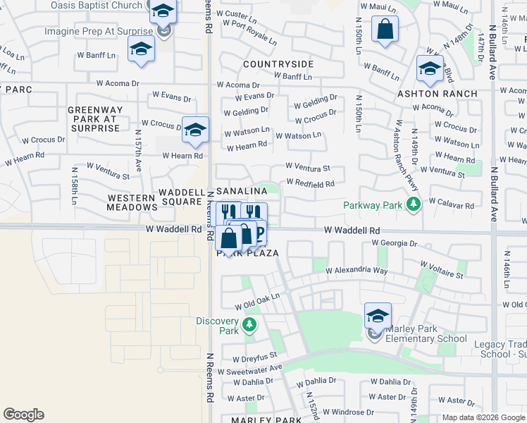 map of restaurants, bars, coffee shops, grocery stores, and more near 15338 West Boca Raton Road in Surprise