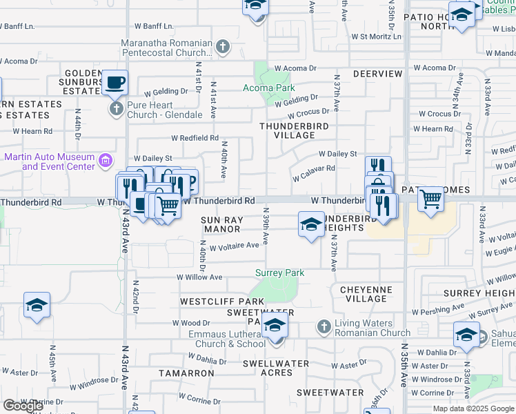 map of restaurants, bars, coffee shops, grocery stores, and more near 3907 West Thunderbird Road in Phoenix