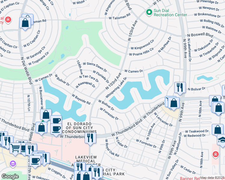 map of restaurants, bars, coffee shops, grocery stores, and more near 13818 North Whispering Lake Drive in Sun City