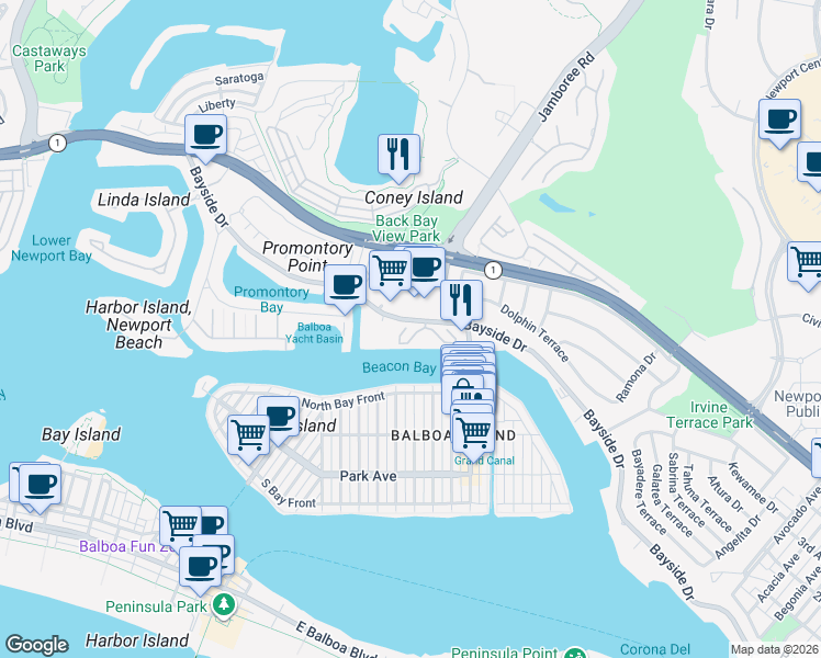 map of restaurants, bars, coffee shops, grocery stores, and more near 998 Bayside Cove in Newport Beach