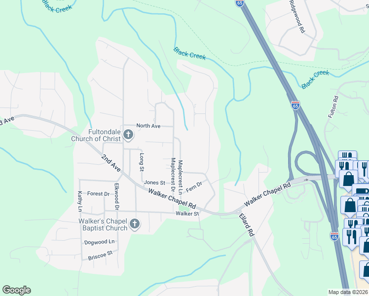 map of restaurants, bars, coffee shops, grocery stores, and more near 1833 Maplecrest Lane in Fultondale